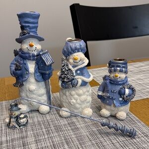 Festive Snowman Candle Holder Trio in Blue and White
